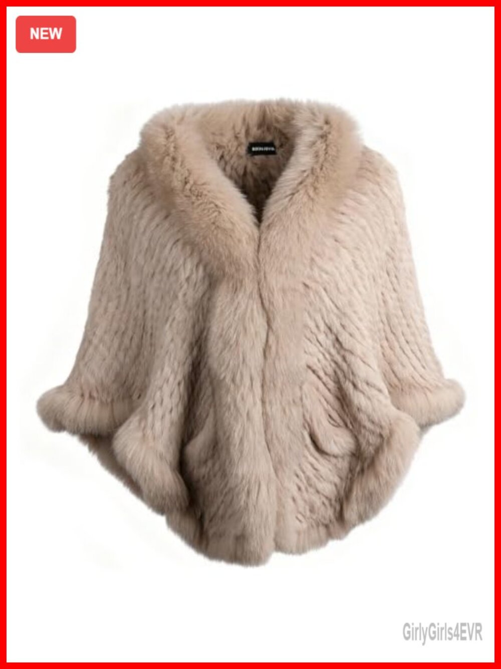 Rabbit Fur Knitted Cape Shawl with Fox Fur Trim Wedding Wrap Pockets One Size
